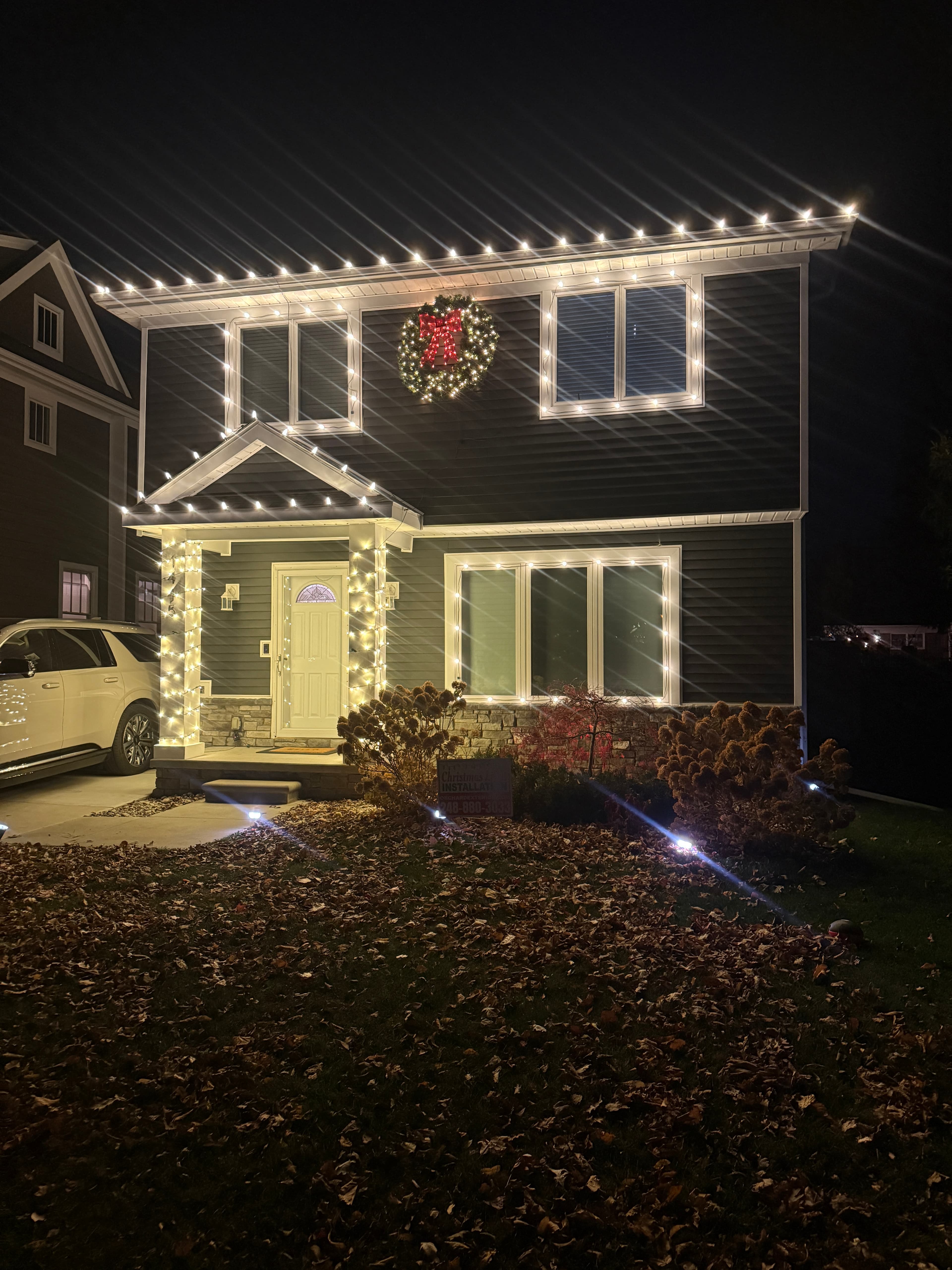 Elegant home with festive holiday lighting